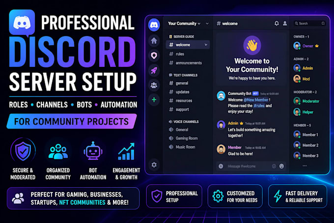 discord server setup with roles channels, and bot automation community projects