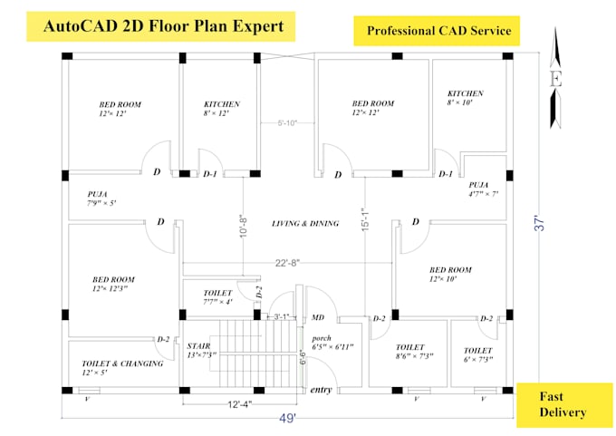 create professional autocad 2d floor plan and furniture layout