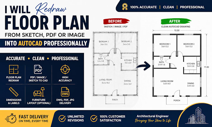 Redraw floor plan from sketch, pdf or image into autocad professionally ...