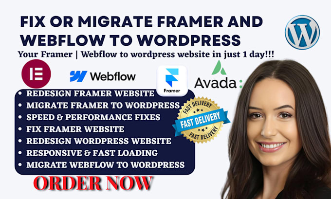 redesign framer website fix bugs and migrate framer webflow to avada wordpress