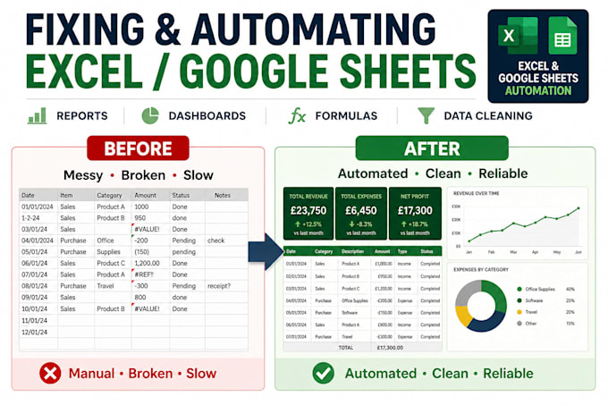 fix, automate, and redesign excel or google sheets spreadsheets
