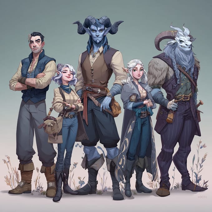 Dibujar arte de personajes de dnd, grupo de fantasía o arte conceptual