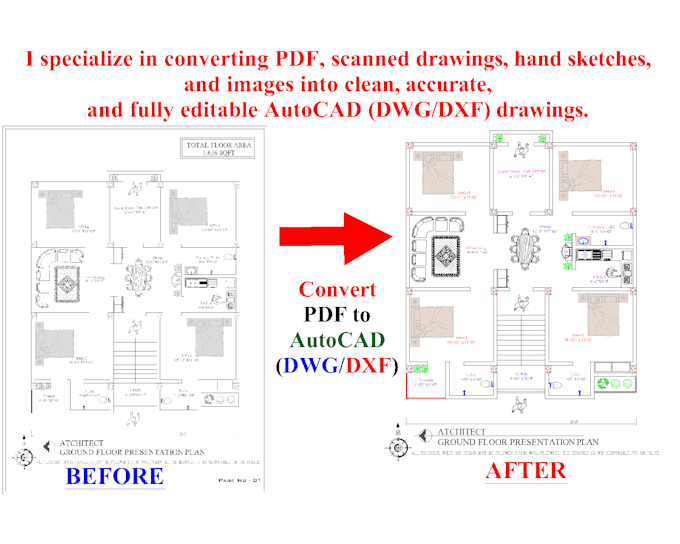convert PDF, sketch, image to autocad 2d drawing