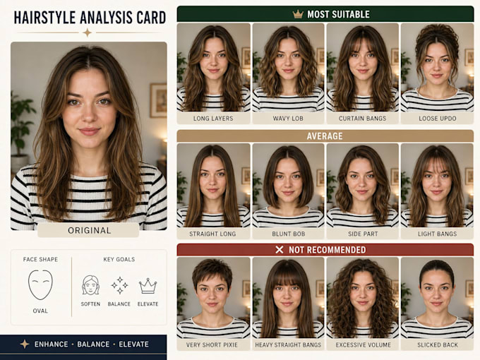 create a realistic ai hairstyle analysis card with hairstyle previews