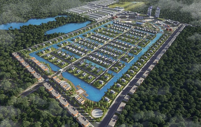 harmonize cgi township master plan,3d urban site development,aerial view housing
