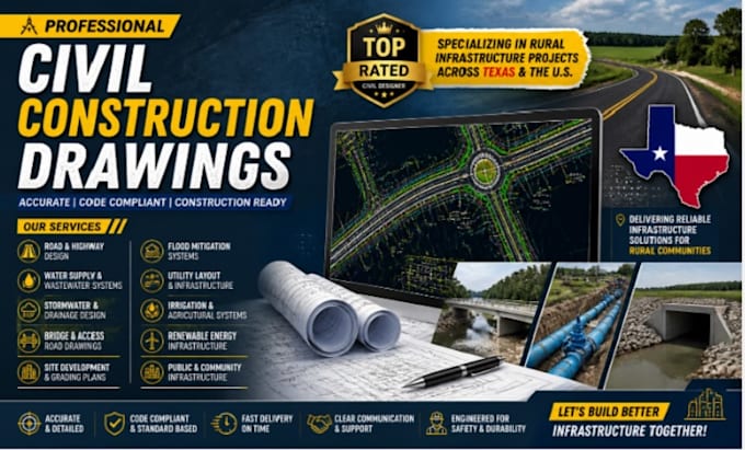 draw civil construction plans, grading, for texas rural infrastructure projects