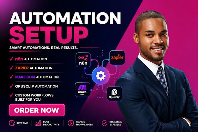 setup make com automation, fix zapier n8n workflows, opus clip