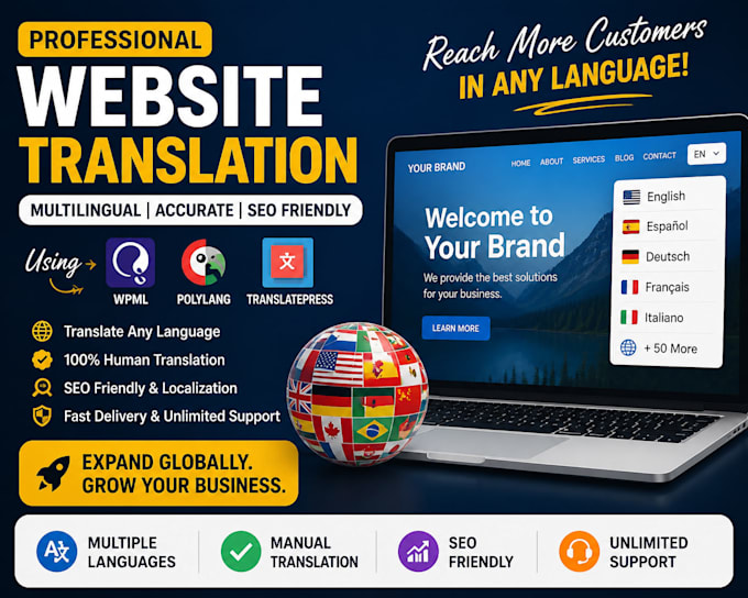 translate your website using wpml, polylang, or translatepress plugin