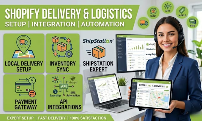 setup shopify local delivery, inventory, shipstation, payment and logistics apis