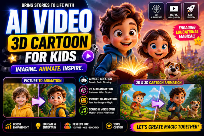 create ai video or animate your picture, 3d cartoon for kids