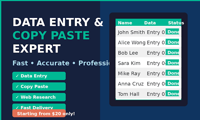 do accurate data entry, copy paste and web research for you