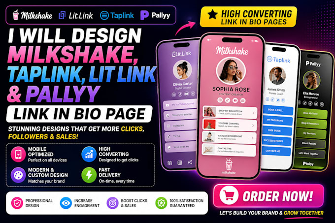 design milkshake, taplink, lit link pallyy converting bio page