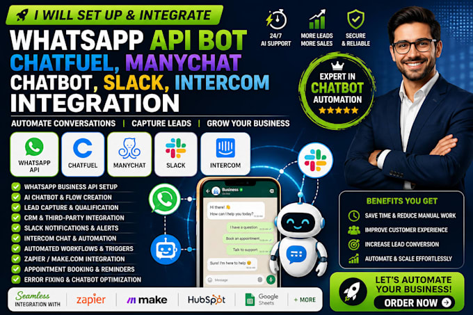 set up whatsapp API bot, chatfuel, manychat chatbot slack, intercom integration