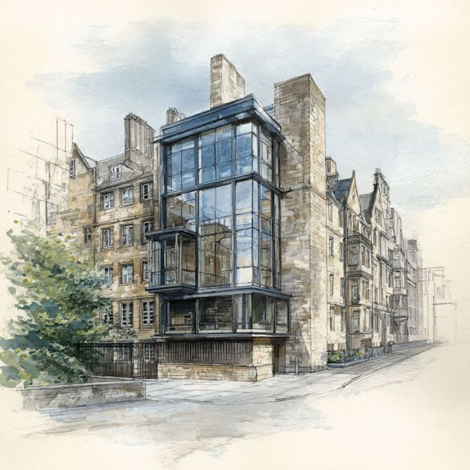 sketch architecture building with watercolor rendering