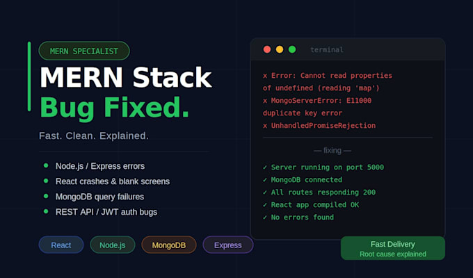 debug and fix mern stack bugs, react crashes, node API errors