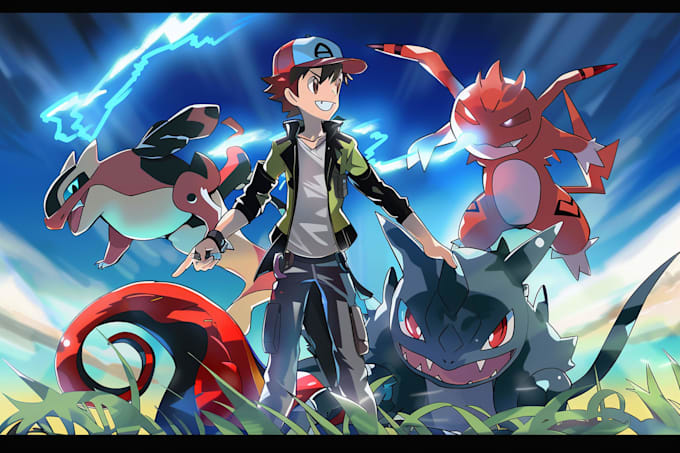 draw your character as pokemon trainer with favorite pokemon