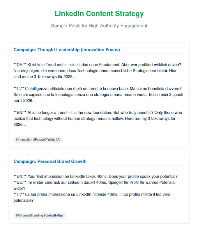 write linkedin content and profiles in ger ita eng