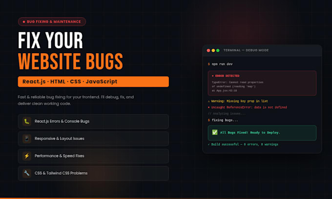 fix react js HTML CSS javascript bugs and website errors