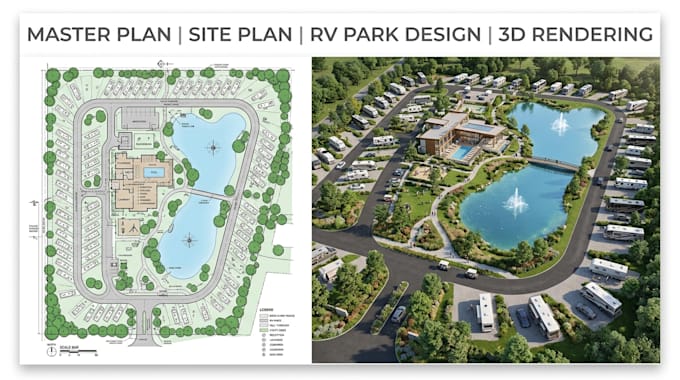 do master plan, site plan, grading, rv park, landscape, modelling and rendering