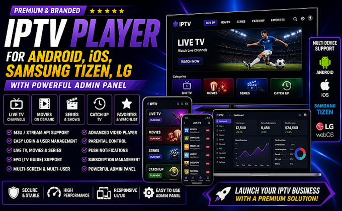 create branded iptv player for android, ios, samsung tizen, lg with admin panel