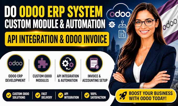 develop odoo erp system odoo module API integration and automations odoo invoice