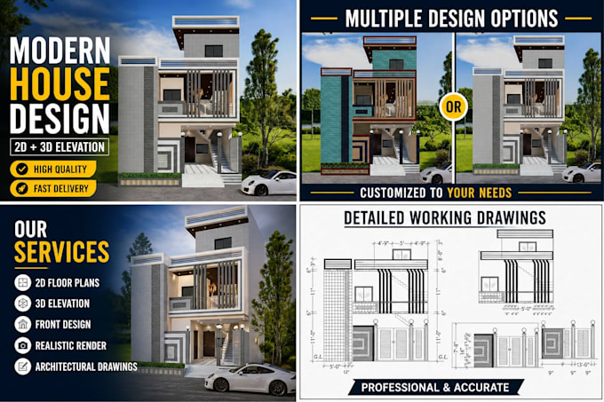 design modern 2d plans and 3d elevations