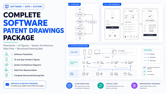 create complete software patent drawings system architecture flowchart