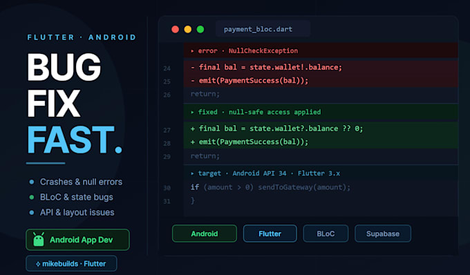 debug and fix your flutter android app, crashes, UI issues, API errors, and more