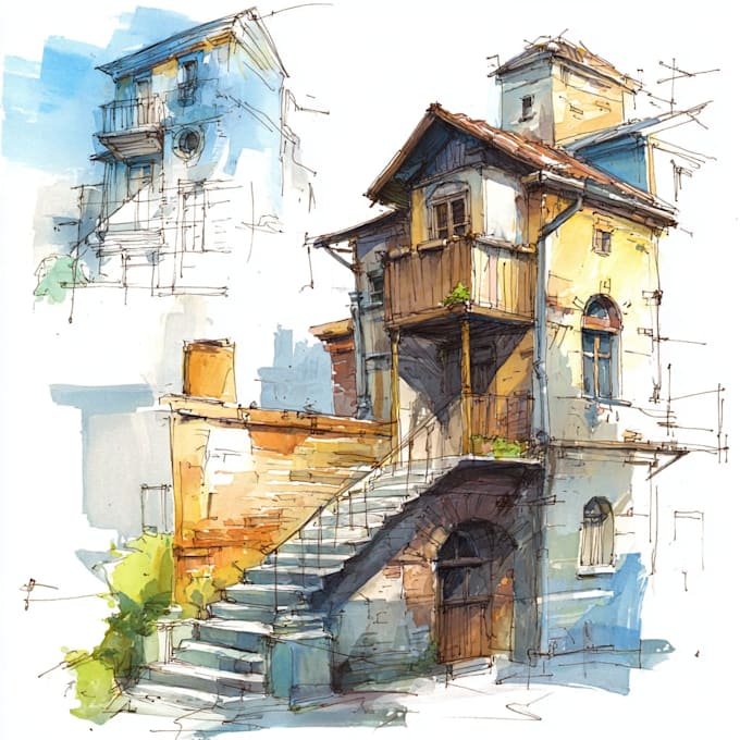 create digital watercolor house and building illustrations