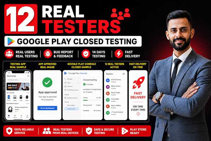 do mobile app testing, provide 12 testers for google play closed testing