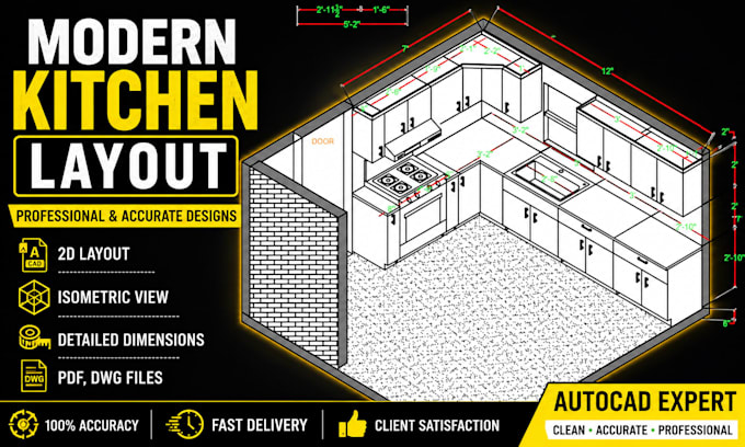 draw kitchen layout, cabinet design and isometric view