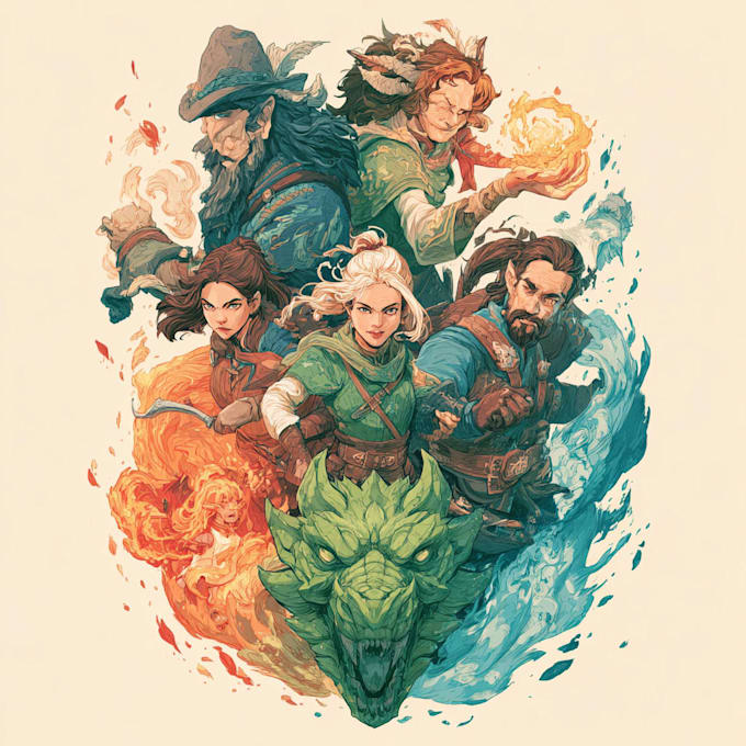 do group party character art, dnd party