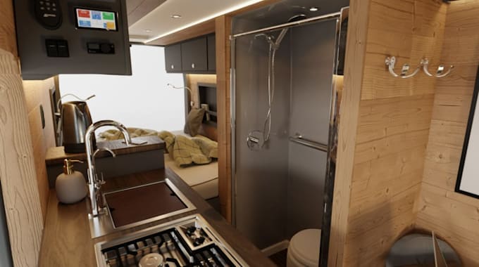 design 3d motorhome, luxury bus interior, sprinter conversion, camper van