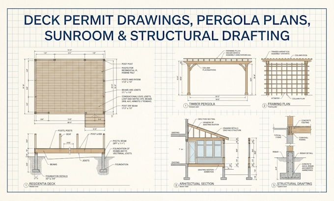 do deck permit drawings, pergola plans, sunroom structural drafting