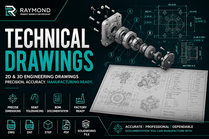 create 2d, 3d technical drawing engineering drawing and mechanical cad drafting