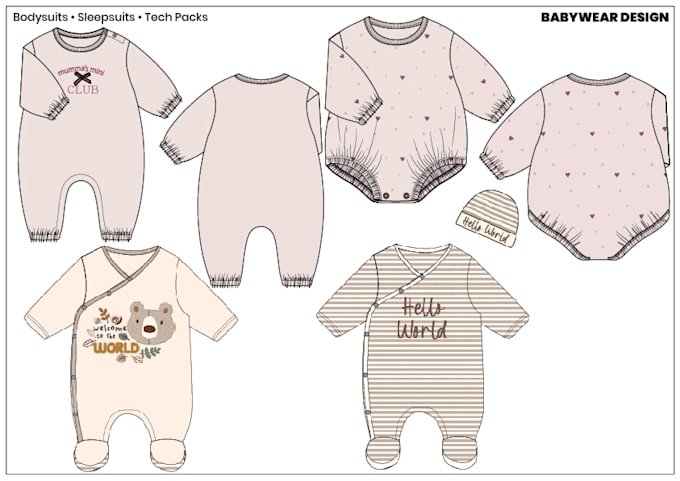design baby bodysuits and sleepsuits with tech pack for production