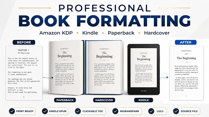 professionally format your book for amazon KDP, kindle, paperback and hardcover