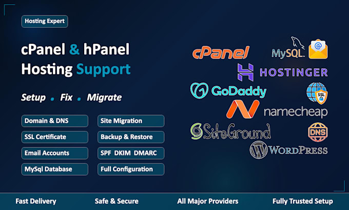 setup, fix and migrate cpanel, hpanel, domain, SSL, email and database