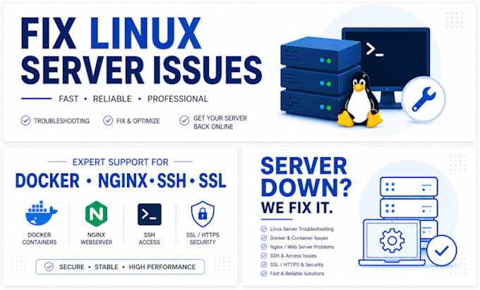 fix linux server issues, docker, nginx, ssh and etc problems