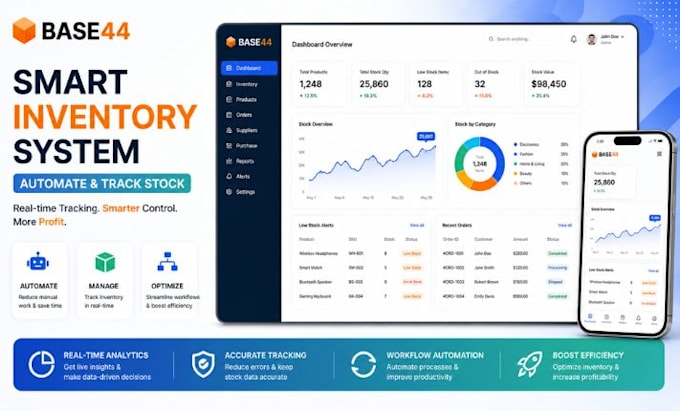 setup base44 inventory management system, track stock and automate workflow