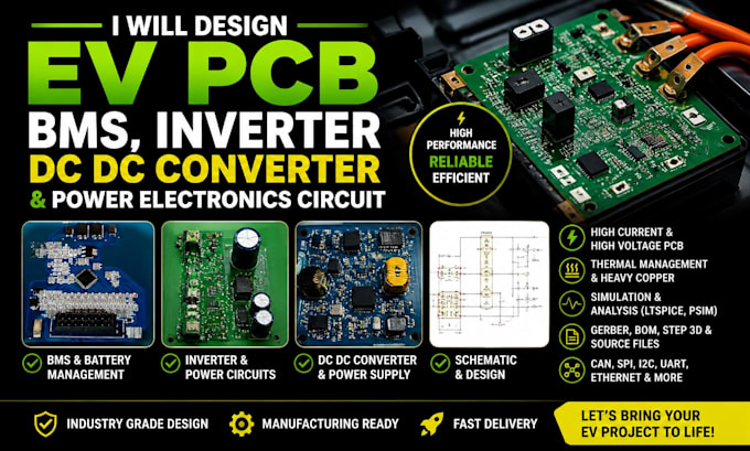 design ev pcb, bms inverter, dc dc converter and power electronics circuit