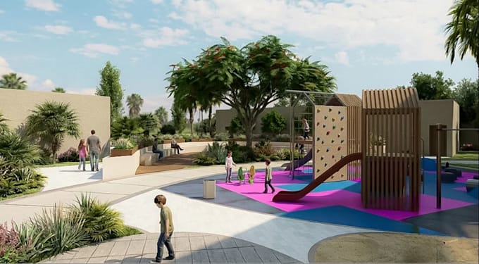 create realistic 3d landscape design, playground, park, garden,outdoor rendering