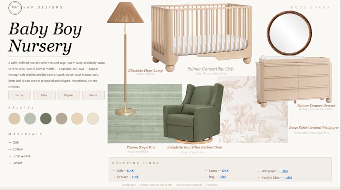 create a professional interior mood board with curated shopping links