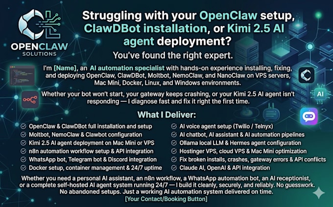 fix, setup,install openclaw, clawdbot, moltbot, kimi 2 5,n8n ai agent on vps