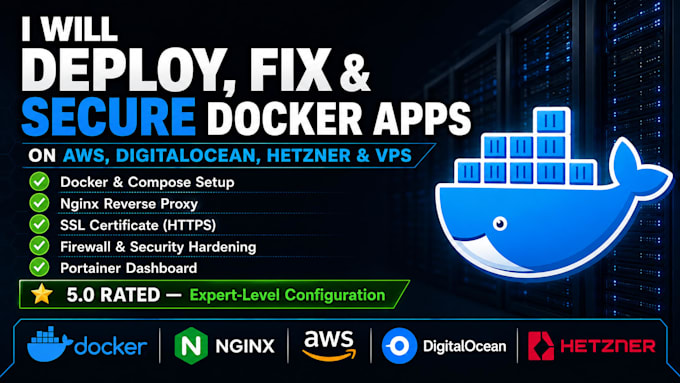 deploy, fix, or secure docker apps on vps, aws, digitalocean or hetzner