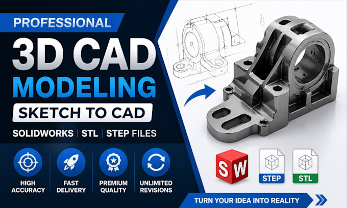 create 3d cad modeling, convert sketch to cad, solidworks, stl step files design