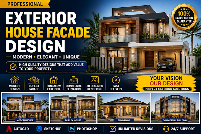 design modern duplex house facade, bungalow exterior and front elevation