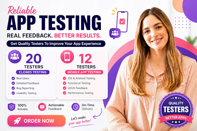 provide 20 testers closed testing 12 tester mobile app testing 12 testers