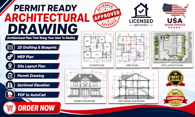 create architectural drawing, 2d floor plan, elevation autocad for USA tx ca fl
