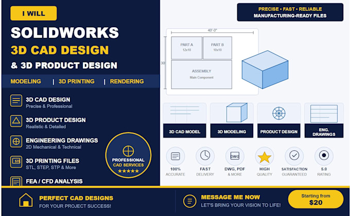 Haré diseño cad 3d, solidworks, modelado 3d, diseño de productos ...